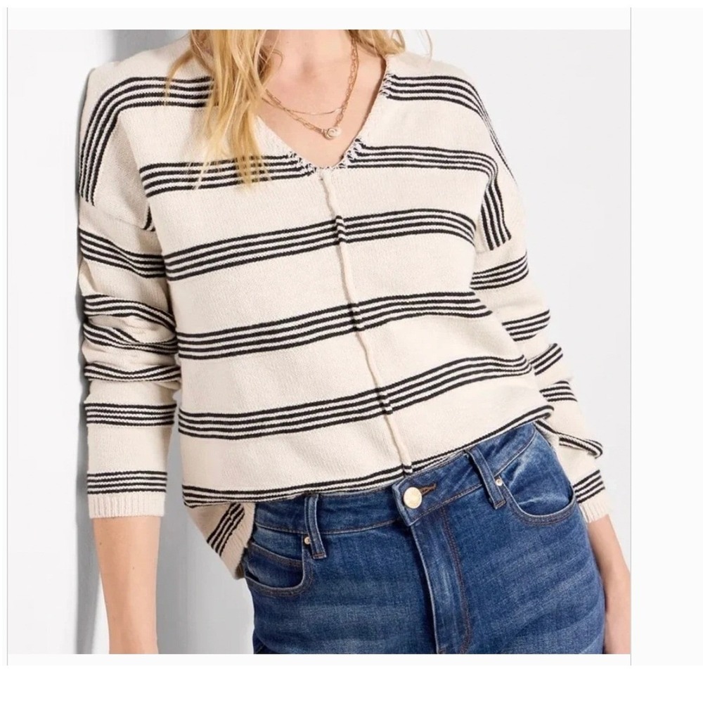 Sanctuary Easy V Neck Sweater Oatmeal Black Stripe Cotton Pullover Size Small
